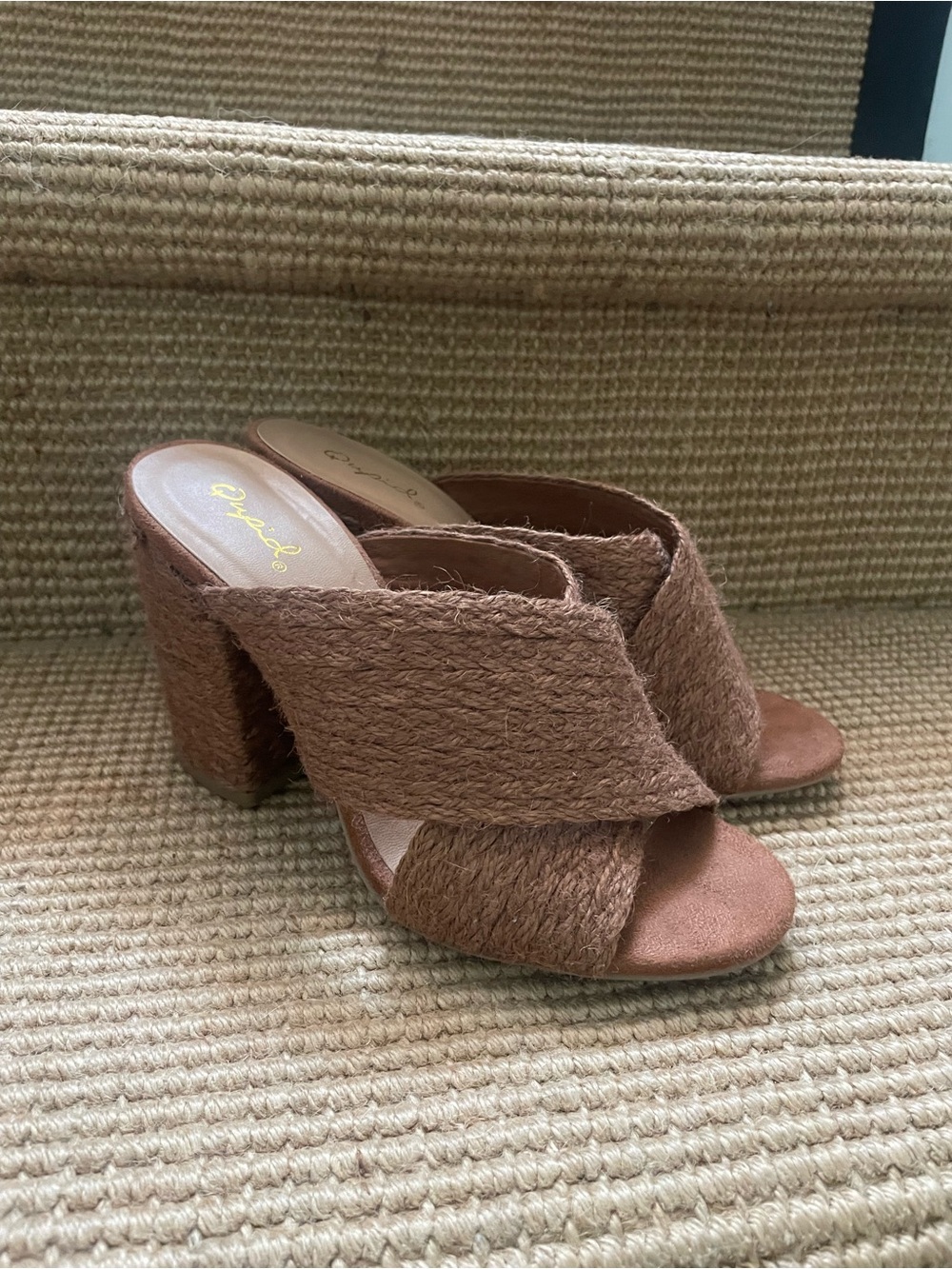 Qupid Tonacco Braided Open-Toe Mule Heels